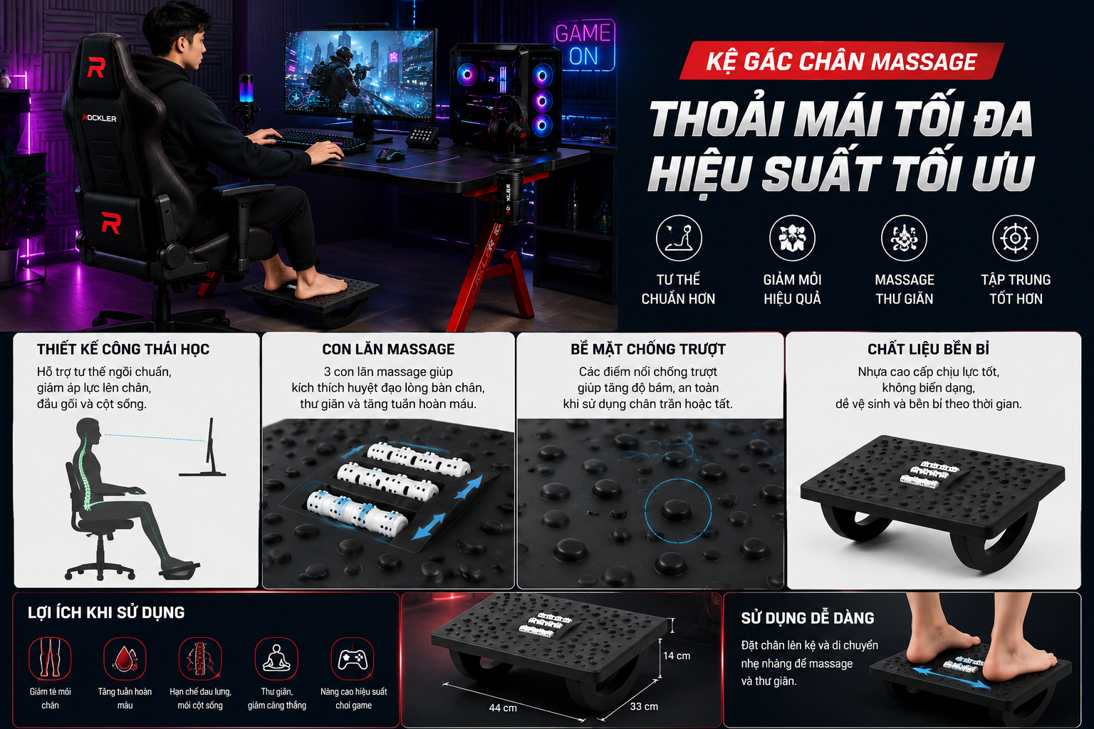 Kệ Gác Chân Massage Gaming – Nâng Tầm Trải Nghiệm Chơi Game Và Làm Việc Thoải Mái Hơn Mỗi Ngày