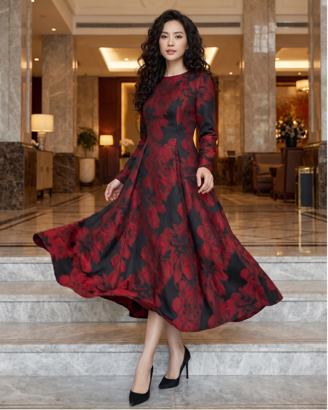 Đầm Xòe Nữ Jacquard Vân Nổi Họa Tiết XL